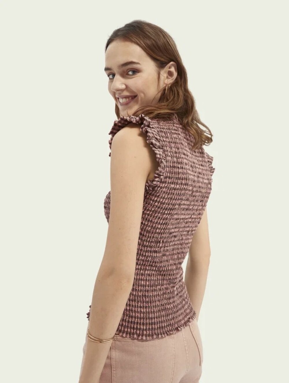 Scotch & Soda Maison Scotch Smocked Ruffle Sleeve Top Pink Check XL
